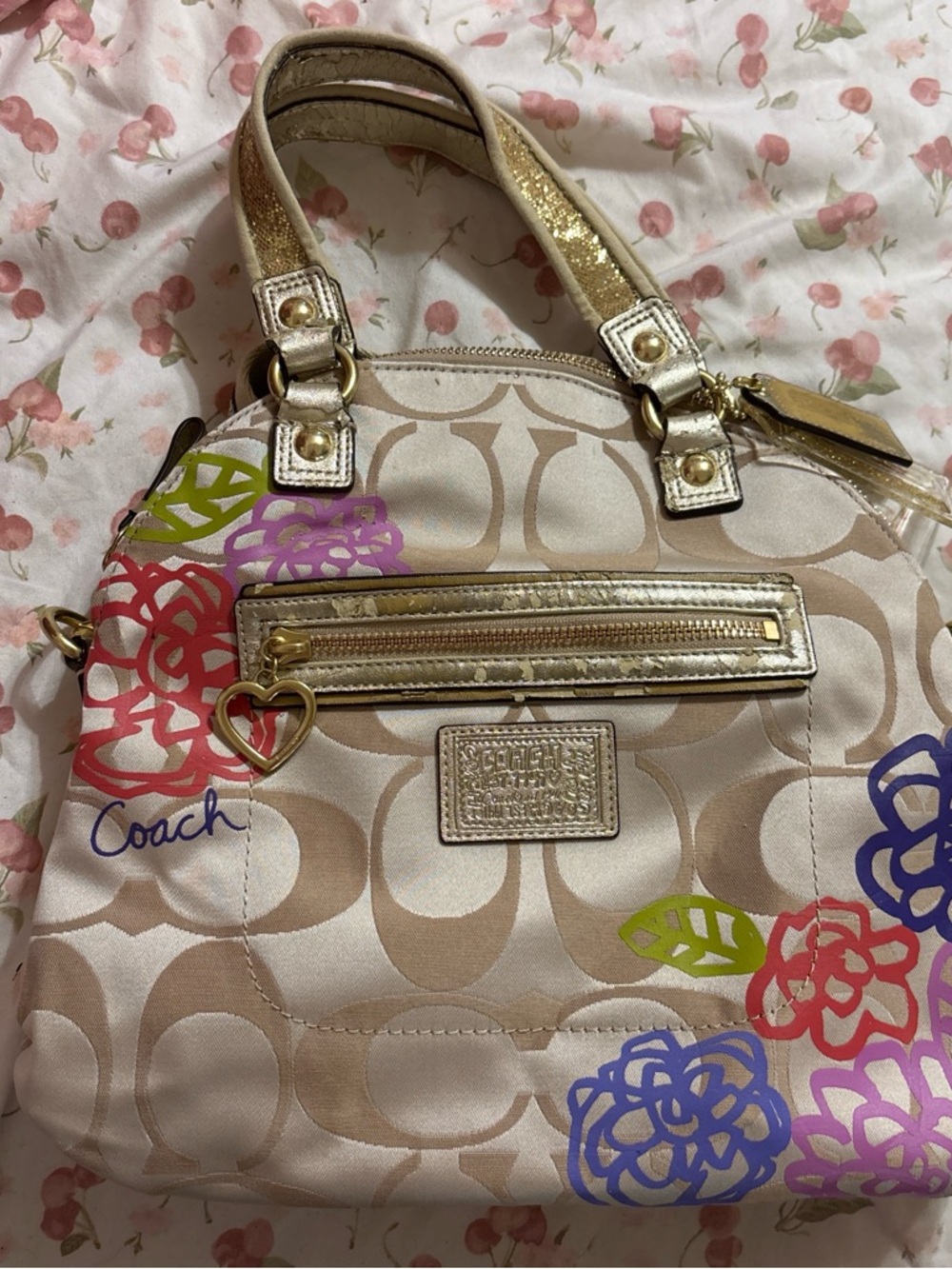 Coach Beige Signature Dome Satchel with Gold Trim and Multicolor Floral Accents
